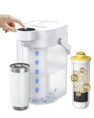 A hand is shown pressing a button on a white electric water filter pitcher, with a cup and a filter cartridge next to it.