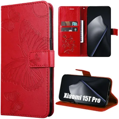 Image de Coque pour Xiaomi 15T Pro, Protection Rabat Anti-Rayures Antichoc Synthécuir Relief Papillon - Rouge