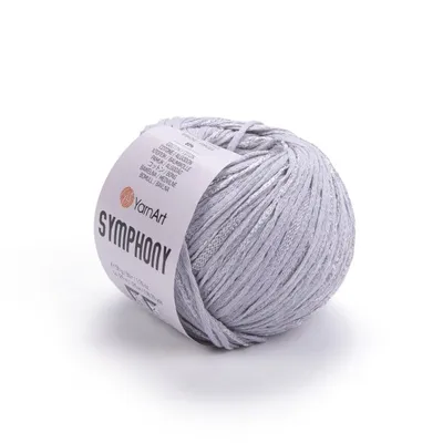 A ball of light gray yarn with silver threads, on a white background.