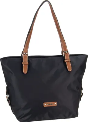 A studio shot of a black tote bag with brown leather accents.