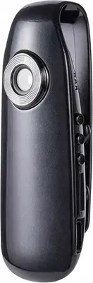 A close-up studio shot of a small, dark gray personal security camera with a silver lens ring.