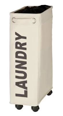 A tall, rectangular laundry hamper with wheels.