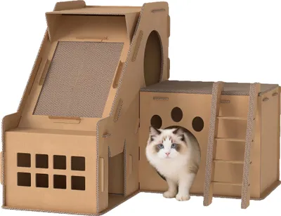 Obrázek produktu pro Škrabadlo pro kočky, dvoupodlažní design, odolný materiál, žluté