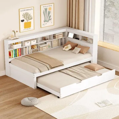 Obrázek produktu pro Rozkládací pohovka 90x200 cm s přistýlkou 90x190 cm, dřevěná postel v bílé barvě s USB zásuvkou a několika úložnými prostory