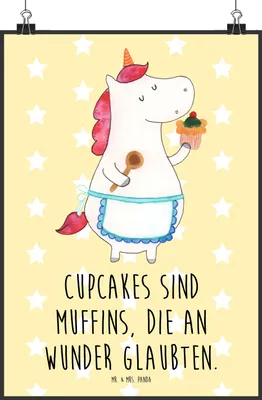 Produktbild von Mr. & Mrs. Panda Bild Einhorn Küche DIN A2 - Gelb Pastell - Geschenk, Träumen, Kuchen, Backen, kunstdruck poster, Unicorn, Posterdruck, Muffin, wanddeko, Koch, Torte