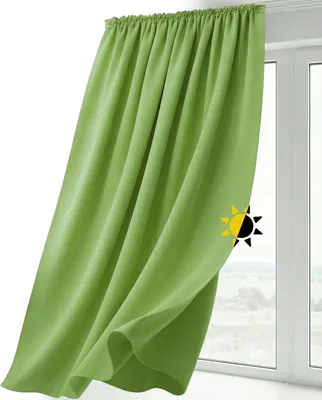 A green curtain is shown hanging in front of a window.