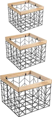 Produktbild von Metallkorb BOHAI 3er Set schwarz - Drahtkorb, Aufbewahrungskorb mit Holzrahmen, stapelbar, Dekokörbe,  Bad, Kleiderschrank, Organizer