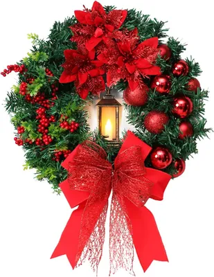 Produktbild von 40 cm künstlicher Weihnachtskranz mit Licht, roten Beeren, großen Schleifen,kugelverzierter Girlande, wiederverwendbarer Weihnachtsdekoration für Wandtür