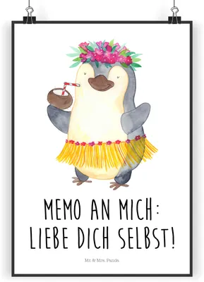 Produktbild von Mr. & Mrs. Panda Bild Pinguin Kokosnuss DIN A3 - Weiß - Geschenk, drucke, Plakat, Posterdruck, glücklich, Urlaub, Hawaii, Pinguine, Wanddekoration, wanddeko