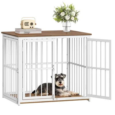 Produktbild von Hundekäfig Möbel 80x60x70 cm, Vintagebraun & Weiß, 3 Türen, Möbel-Hundekäfig als Beistelltisch, stabil, für kleine bis mittelgroße Hunde
