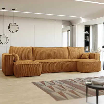 Produktbild von Wohnlandschaft U-Form Mulri U Poso 01 Senfgelb Cord Schlaffunktion Bettkasten