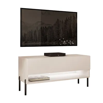 A modern white TV stand with black legs and a television mounted above it.