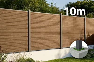 Produktbild von 10 m hoher PRIEL-Zaun aus Holzimitat-Verbundmaterial, 150 cm hoch, auf Teakholz-Fußplatten