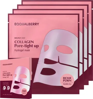 Produktbild von Eqqualberry Collagen Pore Tight Up Hydrogel Mask – 4er Set Gesichtsmasken mit Niacinamid, Hyaluronsäure & Peptiden – porenverfeinernd