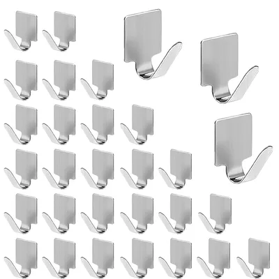 Image de Petits crochets adhésifs, lot de 30 crochets adhésifs pour serviettes, crochets muraux en acier inoxydable, design carré argenté, pour la salle de bains et la chambre à coucher