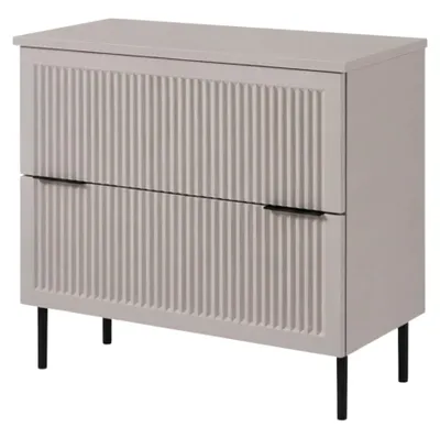 Productafbeelding van Badkamerkast, staand model, 80 cm breed, met geribbeld front van 18 mm dik, afwerking in Kaschmir en glad Kasmir, handgrepen in twee kleuren, afmetingen: 80 x 46 x 73,6 cm, AI-gegenereerde afbeelding