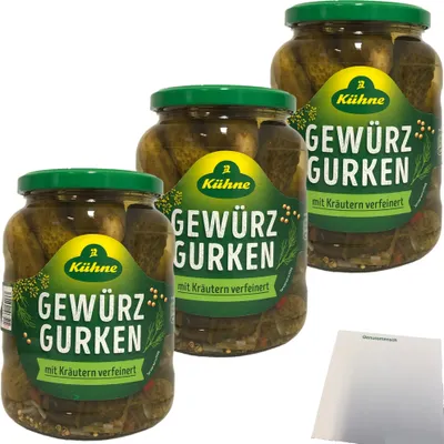 Produktbild von Kühne Gewürzgurken Auslese mit Kräutern verfeinert 3er Pack (3x360g Glas) + usy Block