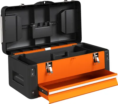 Produktbild von Werkzeugkiste leer, 49,7 x 25,3 x 23 cm Werkzeugkasten mit Schublade, Mini-Box Stahl Orange