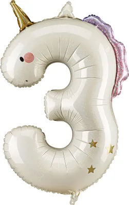 Obrázok produktu pre Fóliový balónik v tvare jednorožca s číslom 3 – 93 cm – biela, zlatá, ružová
