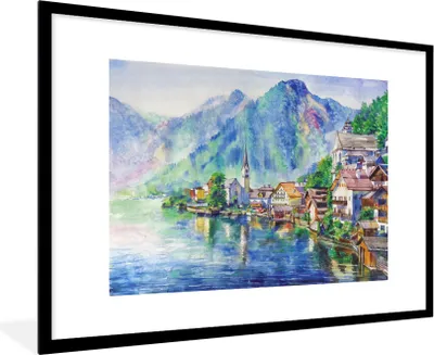 Produktbild von MuchoWow® Gerahmtes Poster Gemälde - Ölfarbe - Haus - Berge - Wasser 90x60 cm - Poster mit Schwarzem Bilderrahmen Wandposter Rahmen Foto Bilder - Wanddekoration - Fotos