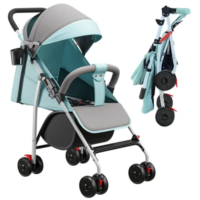 Produktbild von 2 in 1 Kinderwagen Reisebuggy Baby Buggy klein zusammenklappbar mit Getränkehalter und Liegefunktion blau
