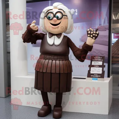 Produktbild von Chocolate REDBROKOLY Bars Maskottchen Kostümfigur gekleidet mit einem Bleistiftrock und Uhren