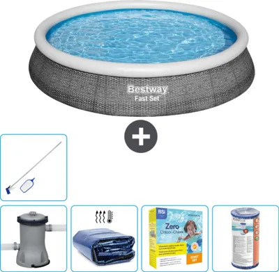Imagen del producto de Piscina inflable redonda Bestway Fast-Set – Diseño de ratán – 396 x 84 cm – Incluye bomba, toldo para sol, kit de mantenimiento, filtro y kit de limpieza