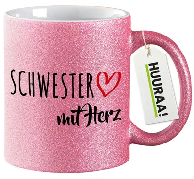 Produktbild von Huuraa Glitzertasse Schwester mit Herz 330ml Pink Keramik Kaffeebecher Geschenkidee