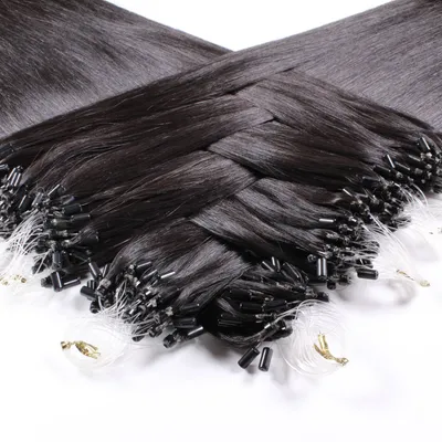 Image de hair2heart Premium Microring Extensions cheveux bruts raides - 25 mèches 1g 60cm 4/0 brun moyen