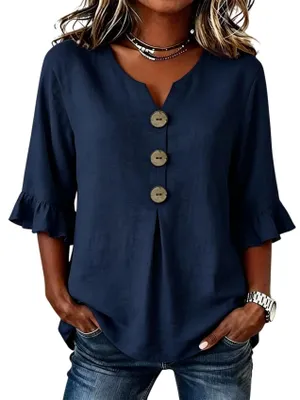 Image de Blouse pour femmes ASKSA, en mousseline, style t-shirt, décolleté en V, manches 3/4, chemisier en lin pour l'été, élégant et décontracté. (Bleu marine, taille 3XL)