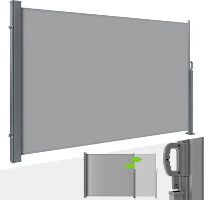 Produktbild von Ikodm Seitenmarkise 300 x 160 cm Ausziehbar Windschutz, Sichtschutz für Balkon & Terrasse, Seitenrollo mit Wandhalterung Sonnenschutz - Grau Markise
