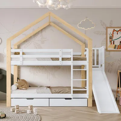 Zdjęcie produktu dla Łóżko piętrowe 90x200 cm ze zjeżdżalnią, 3-stopniową drabinką, dachem, zabezpieczeniem przed upadkiem i 2 szufladami, łóżko domek dla dzieci, lite drewno, biały/naturalny