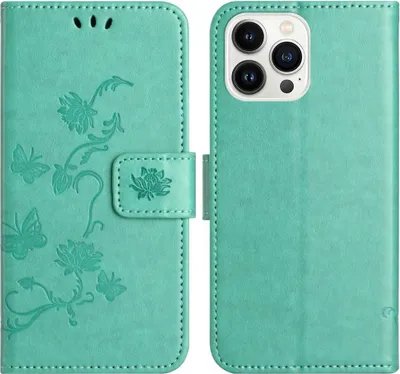 Produktbild von iPhone 16 Pro Hülle - Coverup Blumen & Schmetterlinge Klapphülle - Mintgrün