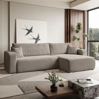 Image de Canapé d'angle Sofello avec coffre de rangement et fonction couchage SENNA, tissu cordé BEIGE - dans les couleurs les plus tendance !! Ensemble de canapés-lits universels - BEIGE - MARRON - CRÈME