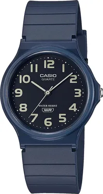 A blue Casio analog watch with a black dial is shown against a white background.