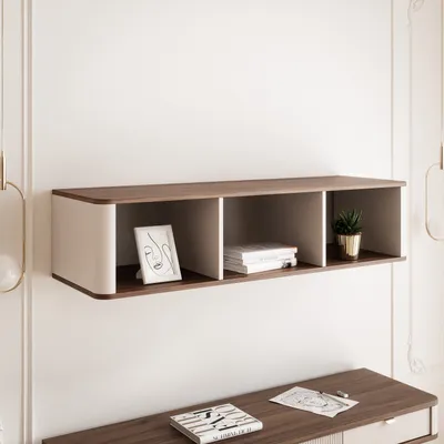 Produktbild von Wandregal NAVANI mit drei Fächern Bücherregal Wand Regal Hängeregal Wohnzimmer Schweberegal Kaschmir + Nussbaum