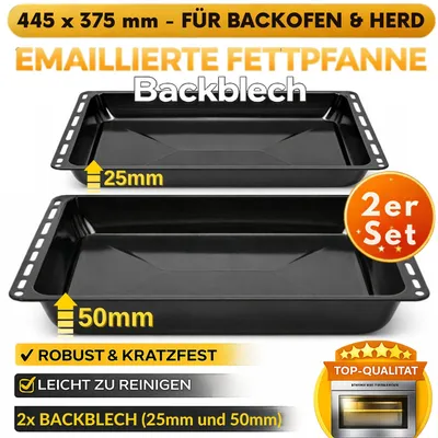 Produktbild von ICQN Fettpfanne 445 x 375 mm 25 und 50 mm, 2er Emailliert Backbleche Set, Passend für Whirlpool, Ignis, Bauknecht, Indesit, Algor, Neckermann, Lloyds, 44,5 x 37,5 cm