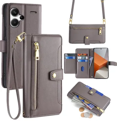 Produktbild von Handykette Xiaomi Hülle mit Band Handyhülle Kartenfächer Kunstleder Umhängetasche Redmi Note 13 Pro+ 5G Grau