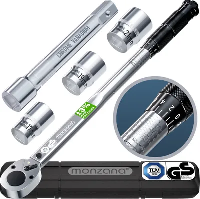 Produktbild von Monzana® Drehmomentschlüssel 6tlg. Set 40-210Nm Süd GS 1/2' Zoll CrV +/- 3% Toleranz Wende Ratschenkopf inkl. 3 Stecknüsse 17, 19, 21mm Verlängerung inkl. Koffer Auto Motorrad