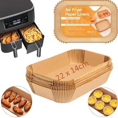Image de 125 feuilles de papier de cuisson pour friteuses à air chaud à deux zones de température, 22 x 14 cm, compatibles avec les modèles Ninja AF300EU, AF400EU, Princess et autres friteuses à air chaud à deux zones de température.
