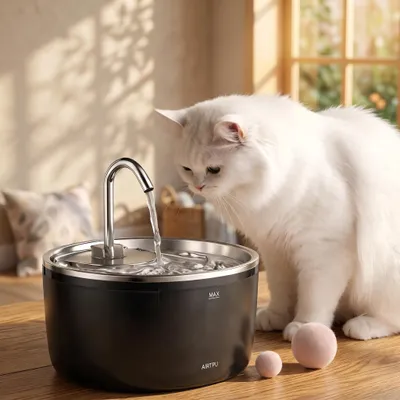 Produktbild von 3.2 L Automatischer Edelstahl Katzenbrunnen Schwarz, Bewegungssensor & 5-Stufen Filter, flüsterleiser Wasserbrunnen für Haustiere