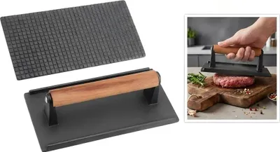 Produktbild von Professionelle Gusseisen Steakpresse, Grill- & Pfannenpresse, Holzgriff, 21×11 cm, doppelseitig, robust & langlebig, für Hamburger, Bacon & Panini