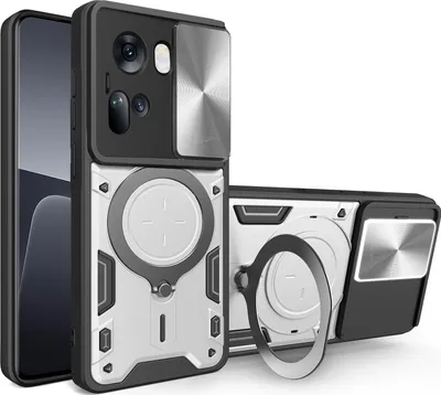 Produktbild von Handyhülle für Oppo Reno11 Dual-Layer Stoßfest Rüstung Hülle mit Dia Kameraschutz und Kreisförmig Ring Ständer Silber