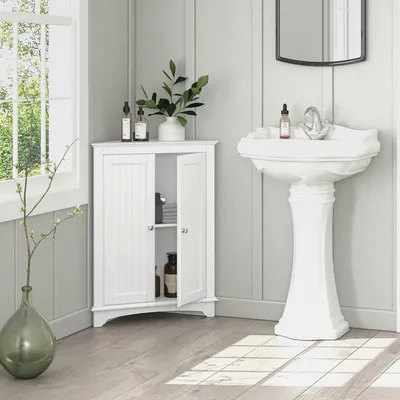 Produktbild von Home Floor Eckschrank mit zwei Türen und Regalen, freistehende Eckschränke für Badezimmer, Küche, Wohnzimmer oder Schlafzimmer, Weiß