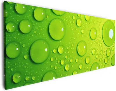 Produktbild von Wallario Premium Leinwandbild Wassertropfen auf Grün in Größe 50 x 125 cm