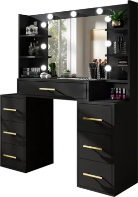 A black vanity table with a mirror and LED lights, featuring drawers and shelves, set against a white background.