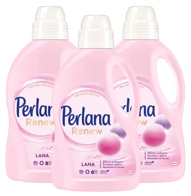 Produktbild von Perlana Renew Wolle und sanfte Faserpflege Flüssigwaschmittel für Waschmaschine und Handwäsche – 3 Flaschen à 1,44 l