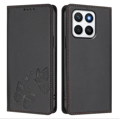Image de Étui en cuir pour Honor X8C, motif papillon, étui à rabat avec porte-appareil, noir