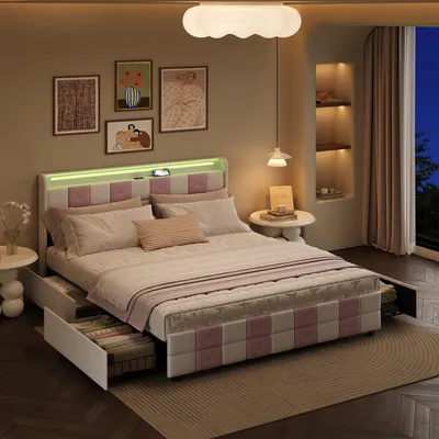 Produktbild von UnboxG Polsterbett 160×200 cm mit 4 Schubladen – Luxus Samt, LED-Kopfteil mit 7 Farben, USB-Ladeanschluss, viel Stauraum, stabiler Metallrahmen – Modernes Doppelbett
