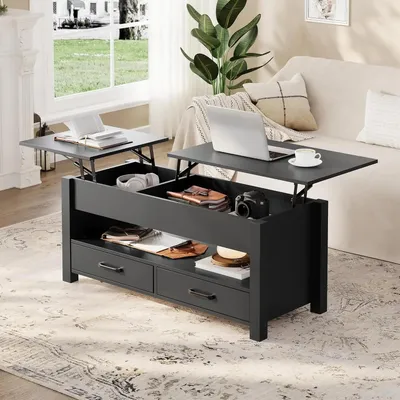 Produktbild von Couchtisch - Couchtisch mit Hebeplatte - Holz mit Lift-Top - 2 Schubladen - Verstecktes Staufach - Für Wohnzimmer und Homeoffice - Schwarz